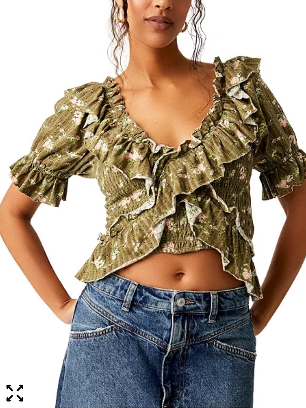 Free People Favorite Girl Top S Ditsy Floral Ruffle Smocked Puff Sleeve‎ Boho